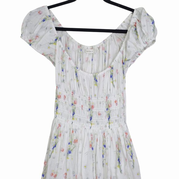 Doen Quinley Midi Dress Painted Bouquet White Floral Puff Sleeve Size XXS - Picture 5 of 10